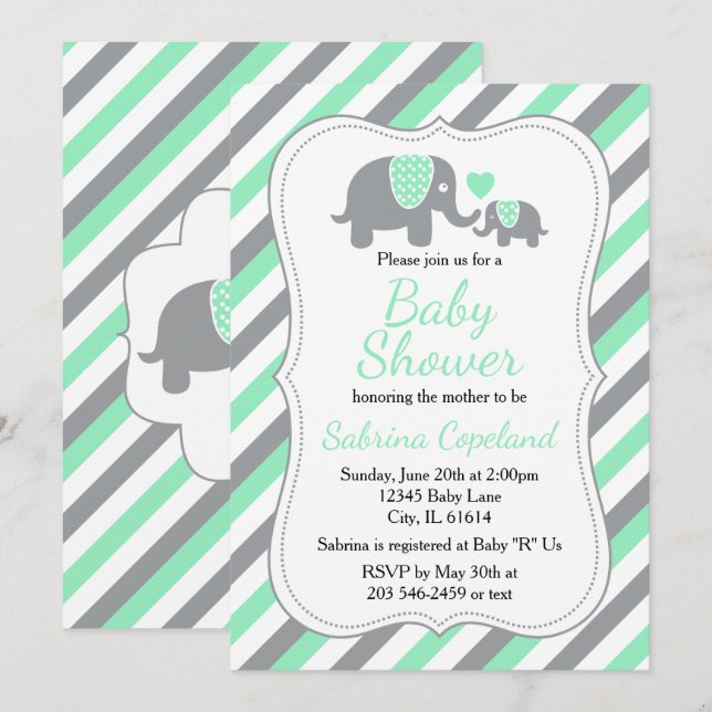 Mint Green und Gray Elephant 🐘 | Babydusche Einladung (Vorne/Hinten)