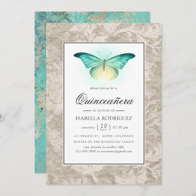 Mint Green und Pearl Damask Quinceañera Einladung (Vorne/Hinten)