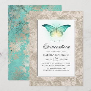 Mint Green und Pearl Damask Quinceañera Einladung