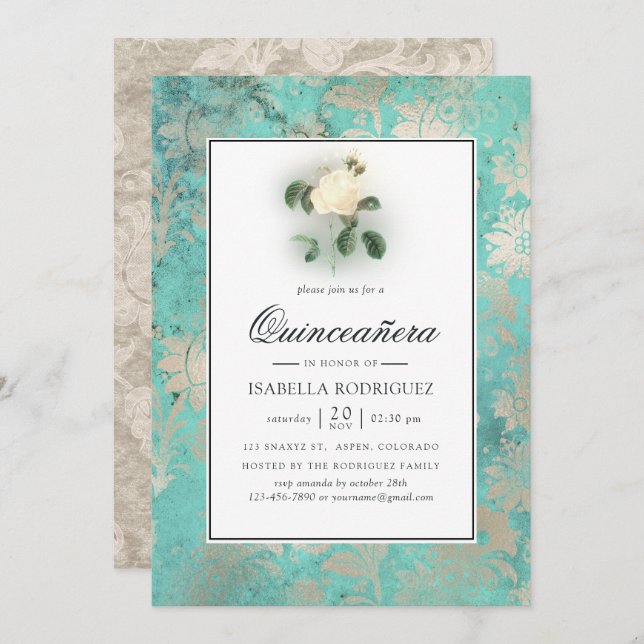 Mint Green und Pearl Floral Damask Quinceañera Einladung (Vorne/Hinten)