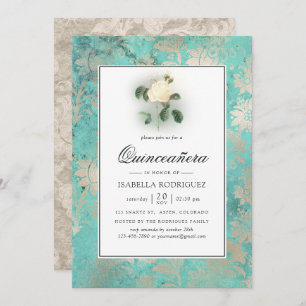 Mint Green und Pearl Floral Damask Quinceañera Einladung