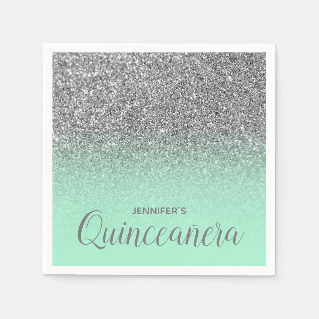 Mint Green und Silver Glitzer Ombre Quinceanera Serviette (Vorderseite)