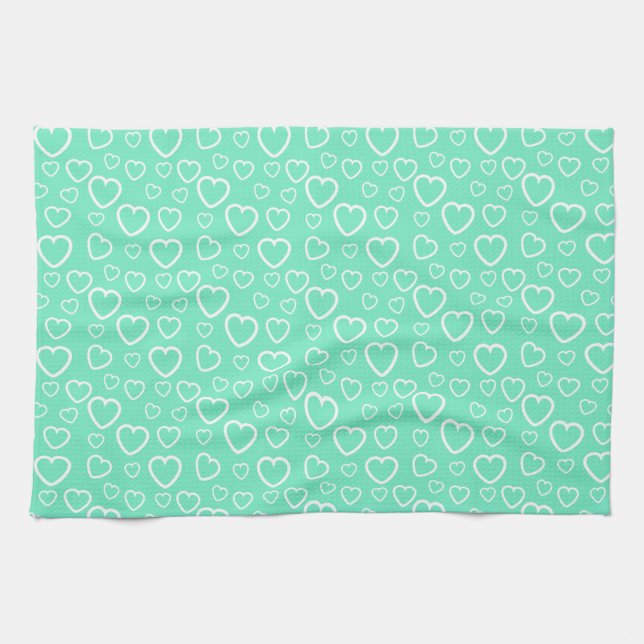 Mint Green und White Liebe Hörmuster Geschirrtuch (Horizontal)