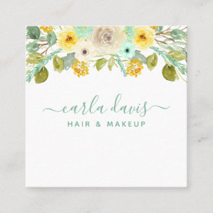 Mint Green und Yellow Floral Elegante Makeup Artis Quadratische Visitenkarte