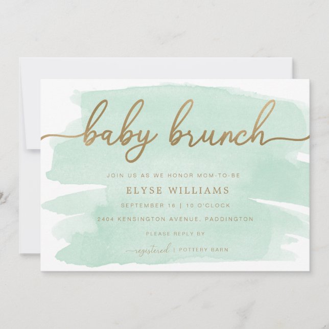 Mint Green Watercolor Gold Baby Brunch Einladung (Vorderseite)