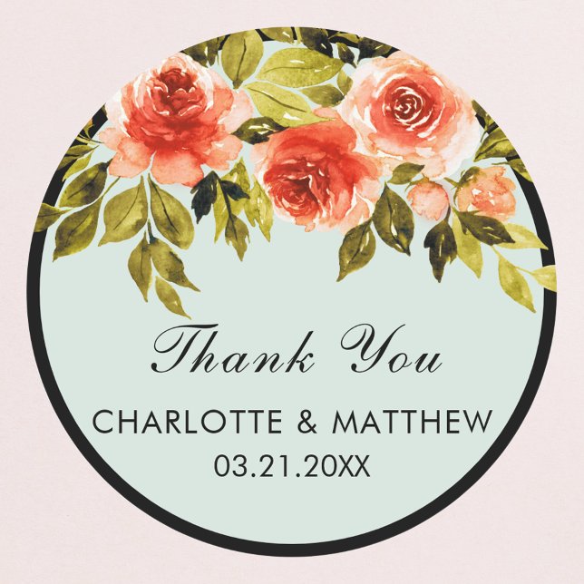 Mint Green Watercolor Rose Hochzeit Vielen Dank Runder Aufkleber (Von Creator hochgeladen)