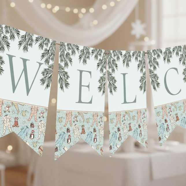 Mint Green Welcome Baby Winter Baby Dusche Wimpelkette (Winter Christmas Baby Shower Bunting Flags. Cute Baby Pajamas, Penguin, Teddy Bear, Reindeer & Pine)