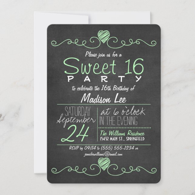 Mint Green, White Chalkboard Herz Sweet 16 Party Einladung (Vorderseite)