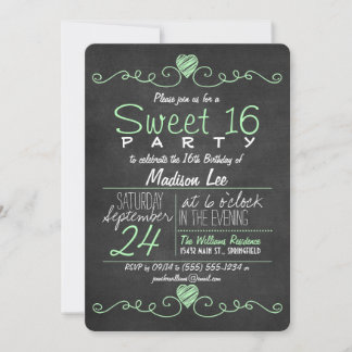 Mint Green, White Chalkboard Herz Sweet 16 Party Einladung