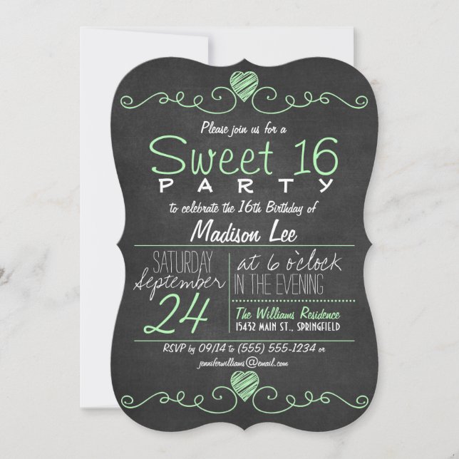 Mint Green, White Chalkboard Rustikales Sweet 16 P Einladung (Vorderseite)