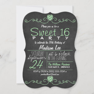 Mint Green, White Chalkboard Rustikales Sweet 16 P Einladung
