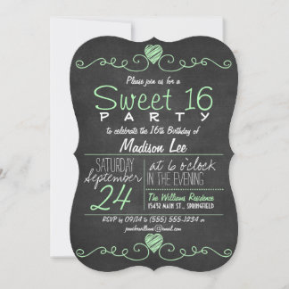 Mint Green, White Chalkboard Rustikales Sweet 16 P Einladung