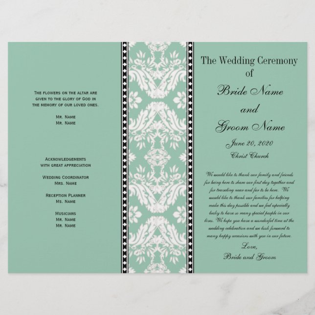 Mint Green White Damask Hochzeitsprogramm (Vorderseite)