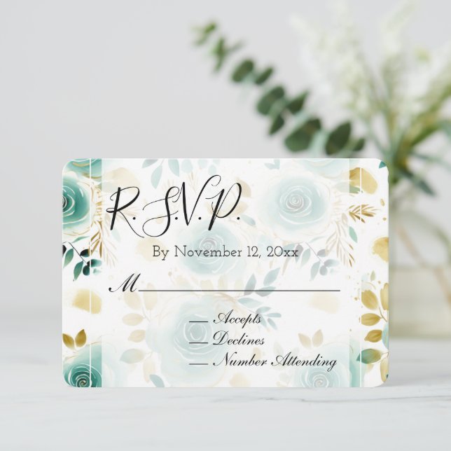 Mint Green White Gold Rose Wedding RSVP Begleitkarte (Stehend Vorderseite)