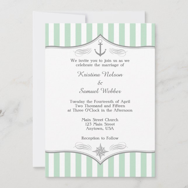 Mint Green White Gray Nautical Wedding Einladung (Vorderseite)