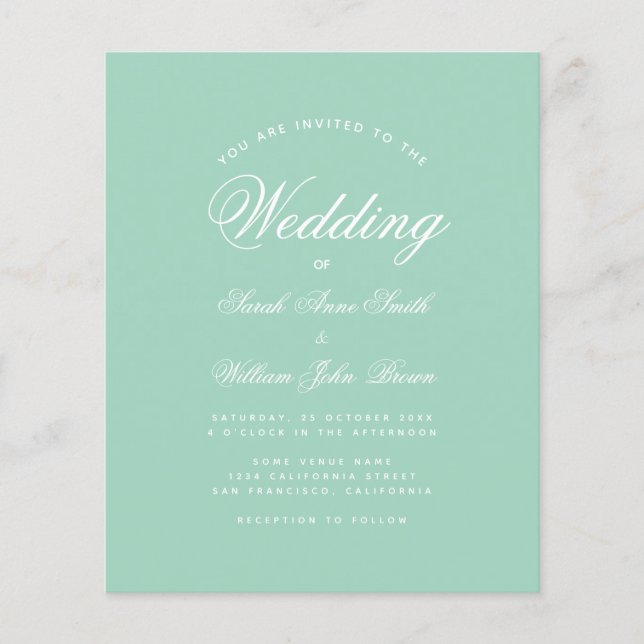 Mint Green White Script Budget Einladung Hochzeit (Vorderseite)