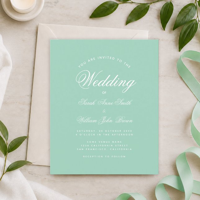 Mint Green White Script Budget Einladung Hochzeit (Von Creator hochgeladen)