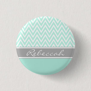 Mint Green White Zickzack Zigzag Muster Grau Name Button