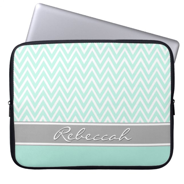 Mint Green White Zickzack Zigzag Muster Grau Name Laptopschutzhülle (Vorderseite)