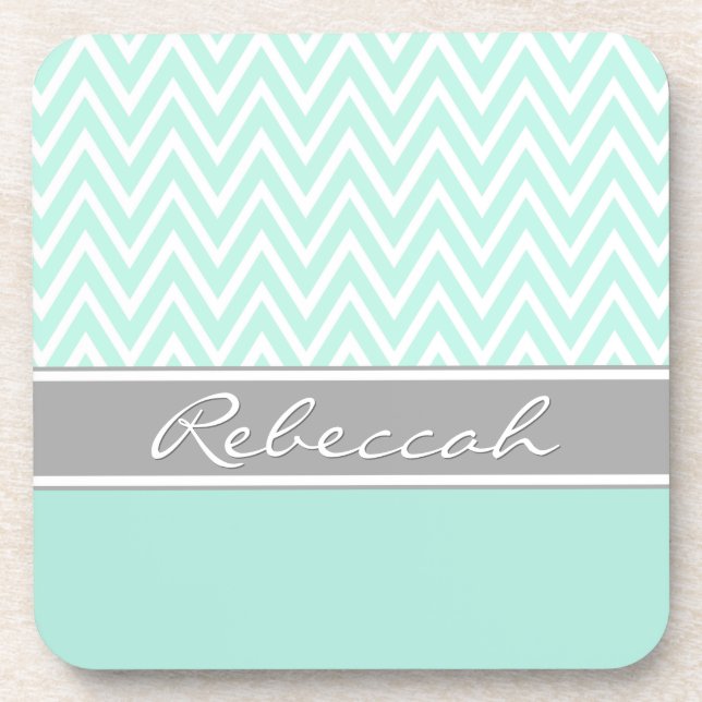 Mint Green White Zickzack Zigzag Muster Grau Name Untersetzer (Vorderseite)