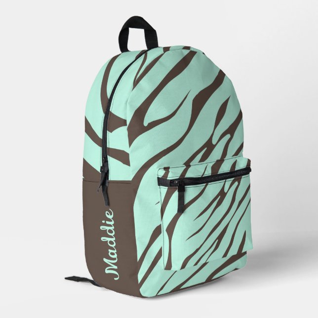 Mint Green Zebra Stripes Muster Bedruckter Rucksack (Rückseitige Ecke links)