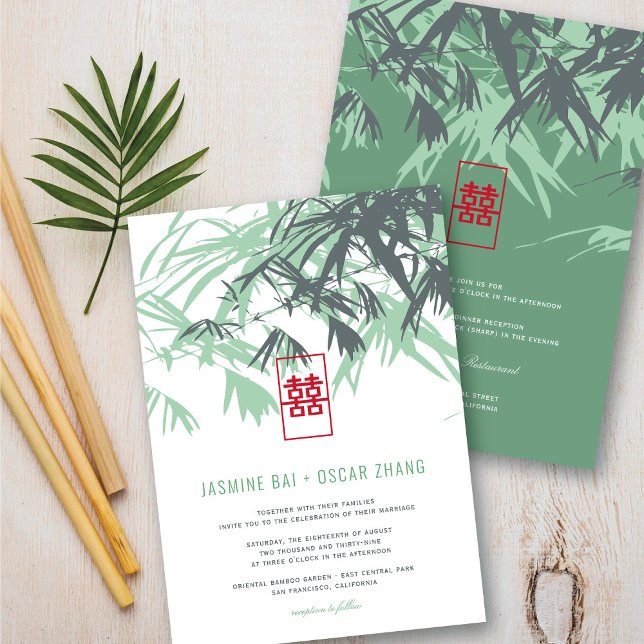 Mint Green Zen Bamboo Verlasse Chic Chinese Weddin Einladung (Mint Green Zen Bamboo Leaves Chic Chinese Wedding Invitation @ fatfatin_red_knot)