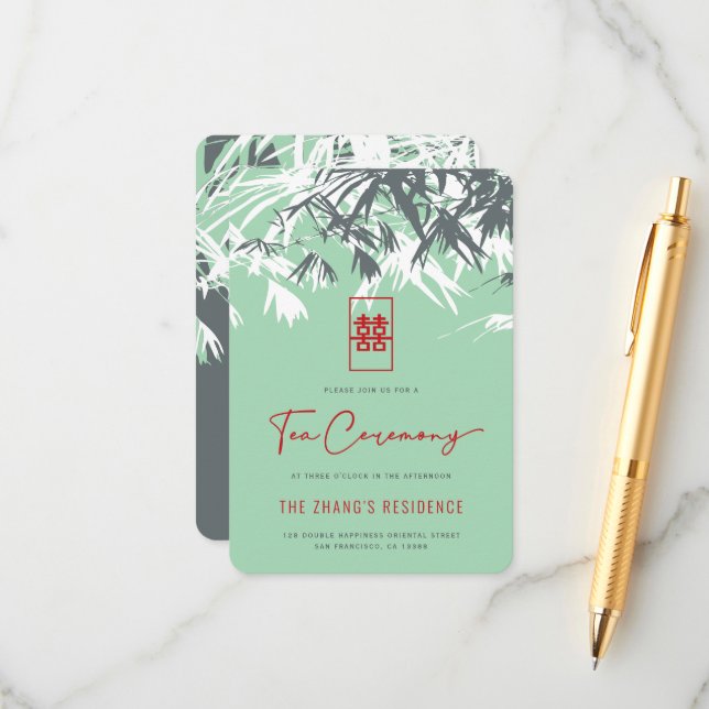 Mint Green Zen Bamboo Verlasse chinesische Teezere Begleitkarte (Vorderseite/Rückseite Beispiel)