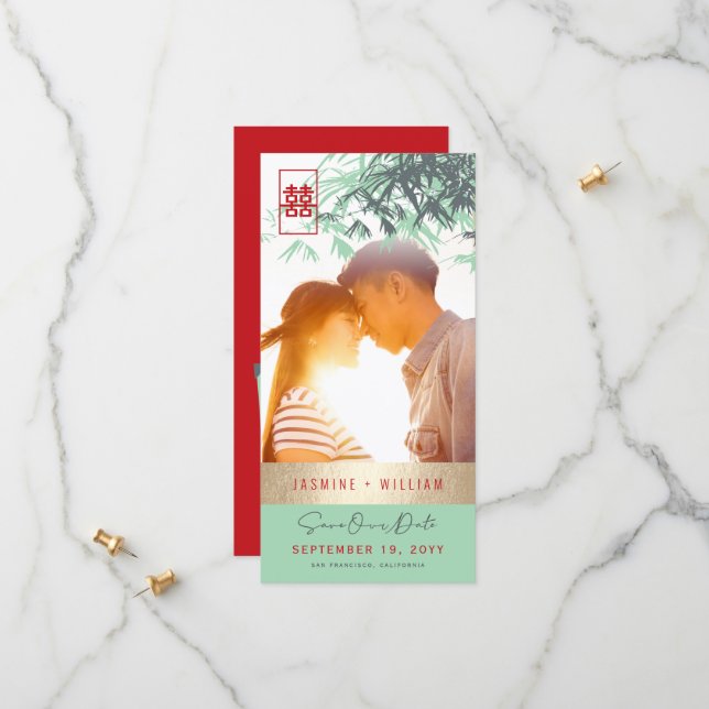 Mint Green Zen Bamboo Verlasse Foto chinesische Ho Save The Date (Vorderseite/Rückseite Beispiel)