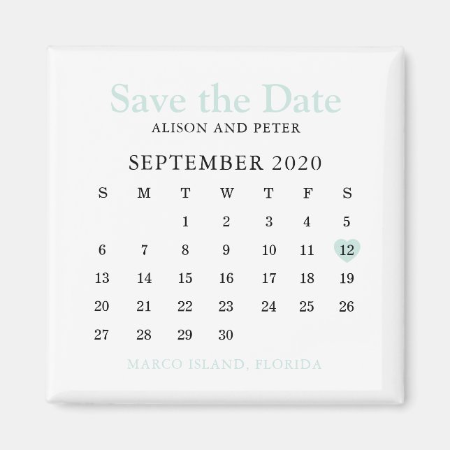 Mint Heart Kalender Hochzeit speichern Sie das Dat Magnet (Vorne)