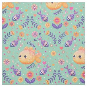 Mint Kawaii Goldfish Sea Garden Muster Stoff