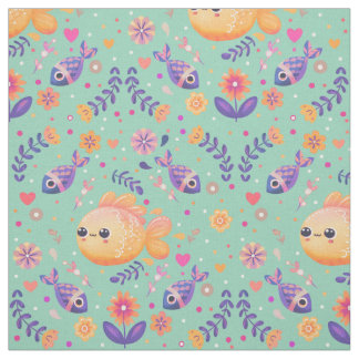 Mint Kawaii Goldfish Sea Garden Muster Stoff