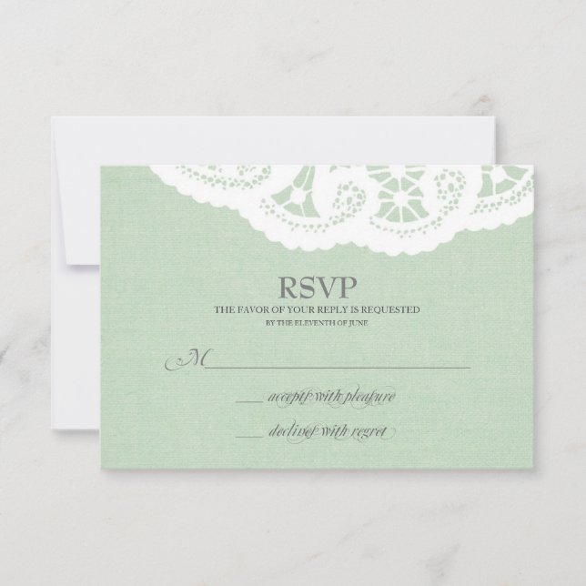 Mint Lace Doily Wedding RSVP Karte (Vorderseite)