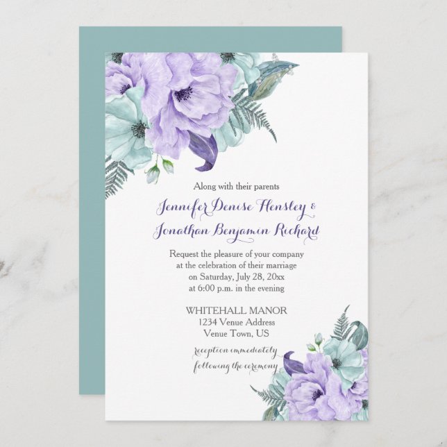 Mint Lavender Lila Wasserfarbenpeonies Hochzeit Einladung (Vorne/Hinten)