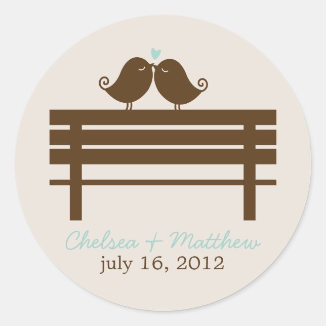 Mint Love Birds on Park Bench Wedding Runder Aufkleber (Vorderseite)