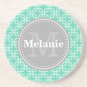 Mint Modern Squares Muster Grau Monogramm Getränkeuntersetzer