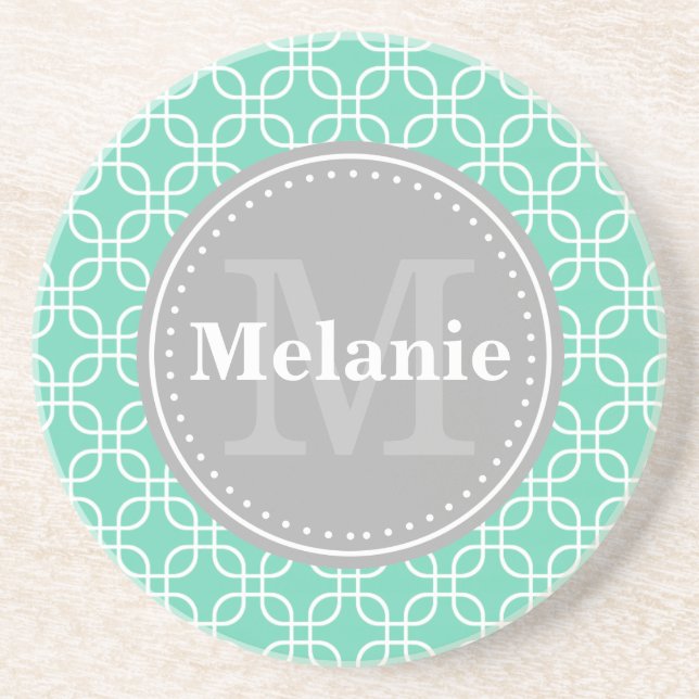 Mint Modern Squares Muster Grau Monogramm Getränkeuntersetzer (Vorne)