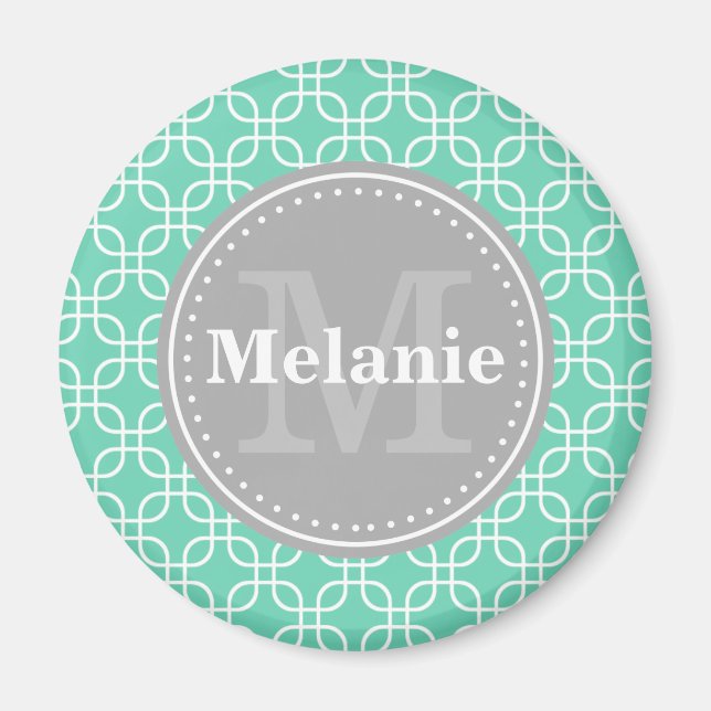 Mint Modern Squares Muster Grau Monogramm Magnet (Vorne)
