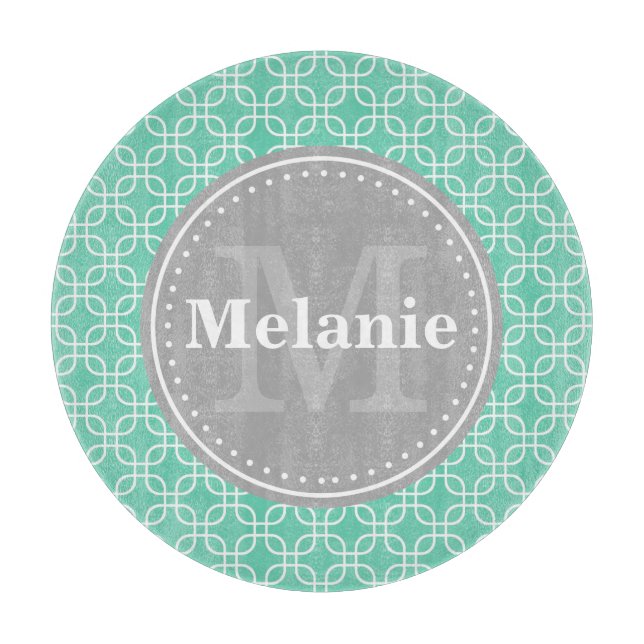 Mint Modern Squares Muster Grau Monogramm Schneidebrett (Vorderseite)