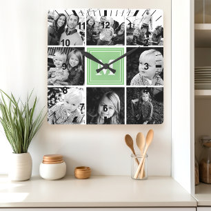 Mint-Monogramm-Familienfoto-Collage Quadratische Wanduhr