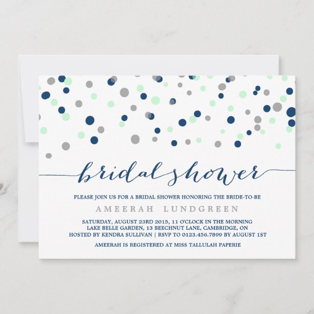 Mint & Navy Confetti Dots Bridal Dusche Einladung (Vorderseite)
