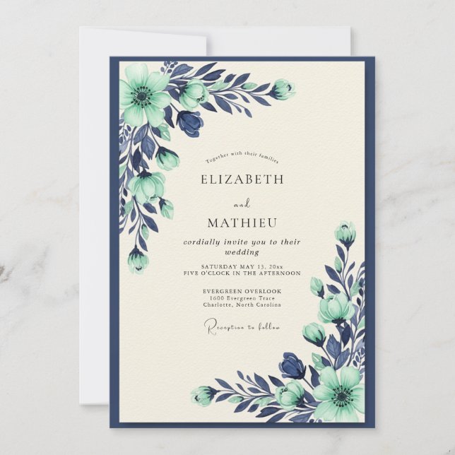 Mint Navy Tranquil Botanical Wedding Einladung (Vorderseite)