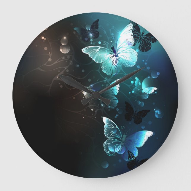 Mint Night Butterflies Große Wanduhr (Vorderseite)