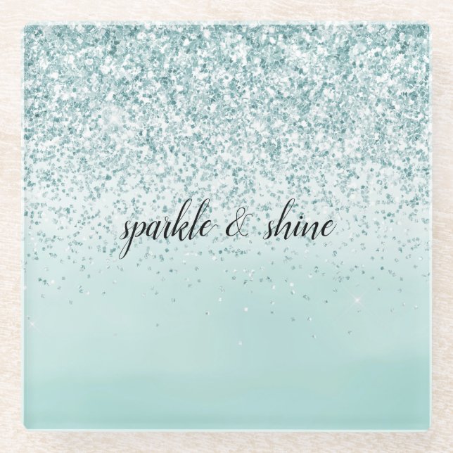 Mint Ombre Glitzer personalisiert Glasuntersetzer (Vorderseite)