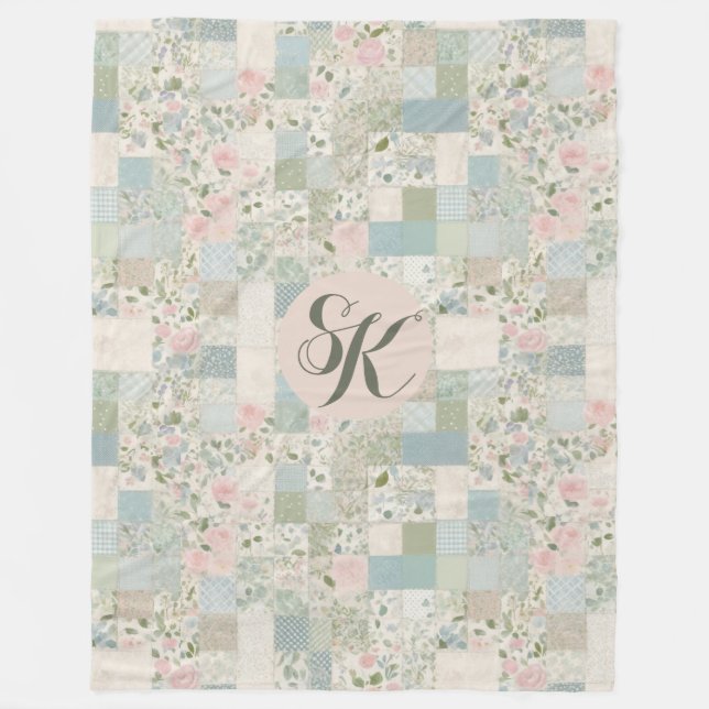 Mint Patchwork Monogramm Fleecedecke (Vorderseite)