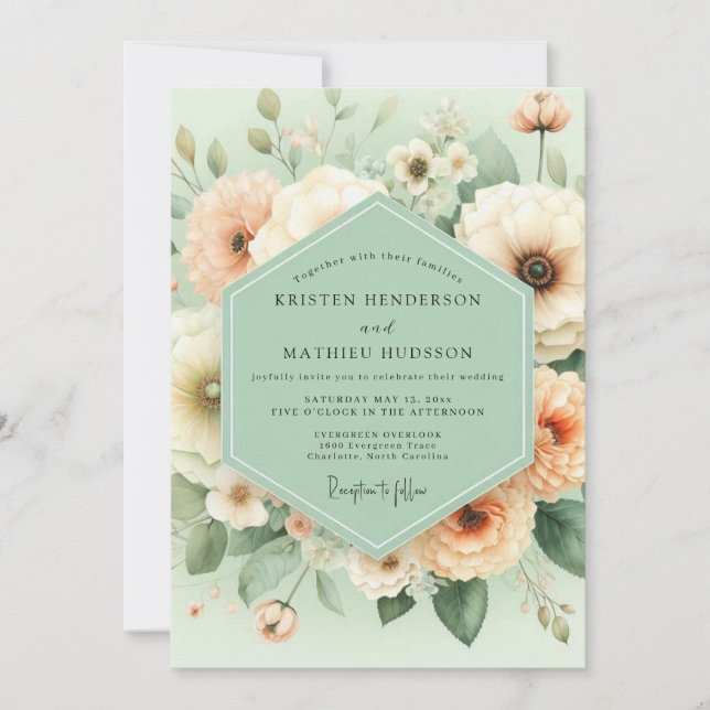 Mint Peach Blossom Elegance Wedding Einladung (Vorderseite)