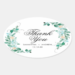 Mint & Peach Floral Wreath Wedding Vielen Dank Ovaler Aufkleber