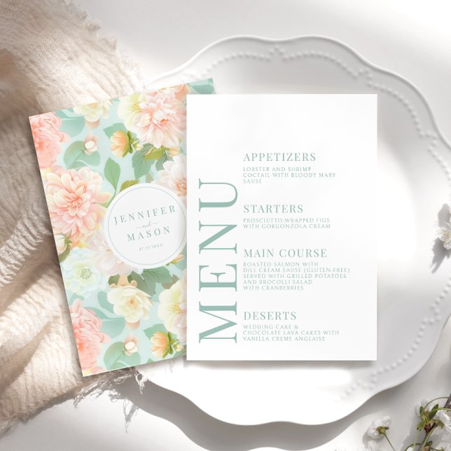 Mint Peach Peony Floral Wedding Menu Cards Begleitkarte (Von Creator hochgeladen)