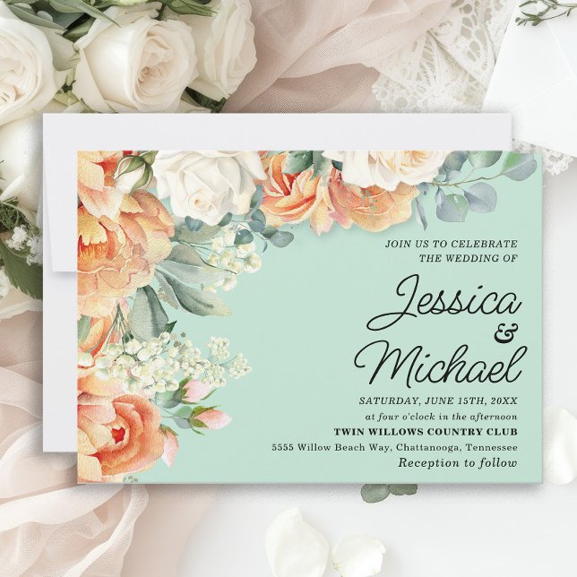 Mint Peach White Floral Wedding Einladung (Peach and white roses on mint green wedding invitation)