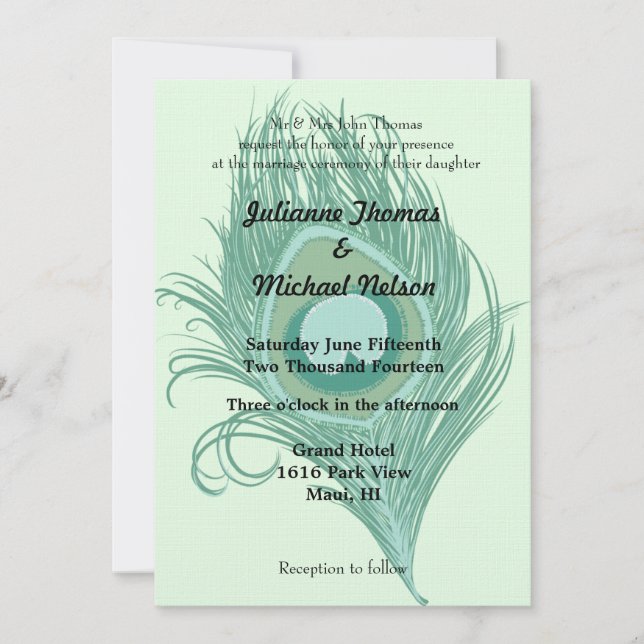 Mint Peacock Feather Wedding Einladung (Vorderseite)