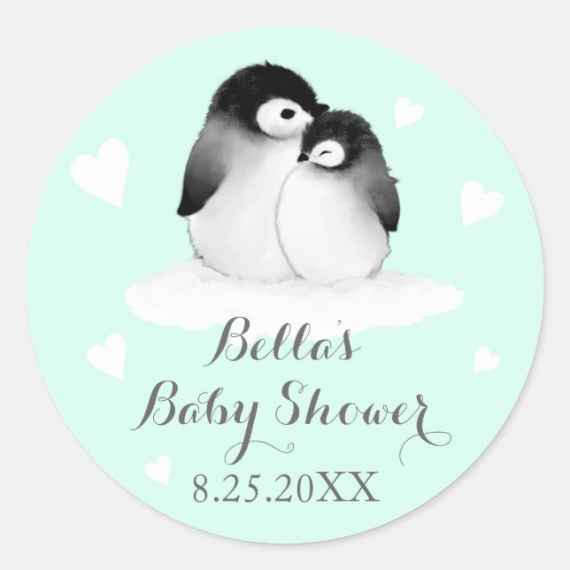 Mint Penguins Baby Shower Stickers (Vorderseite)